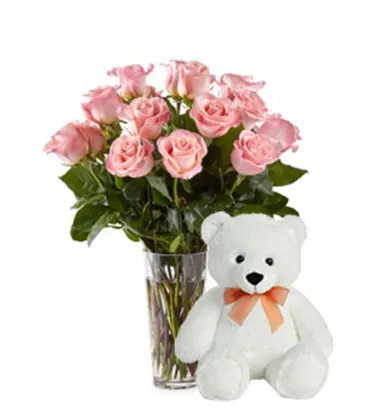 One dozen pink roses & Bear