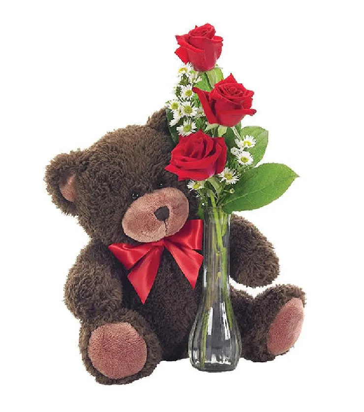 Classic Bud Vase Roses with Teddy Bear